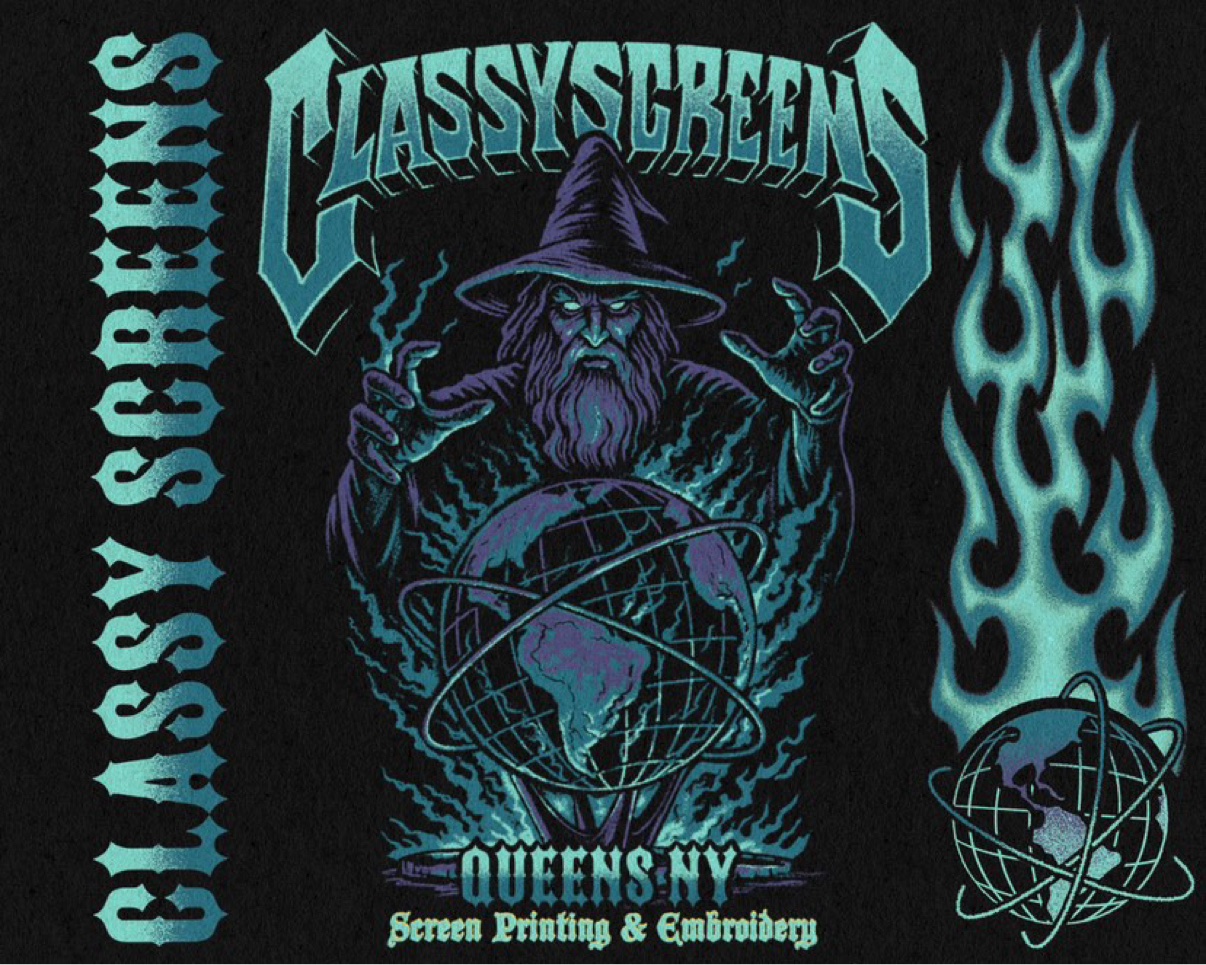 The Classy Screens wizard — the shop's own artwork, printed in teal and violet